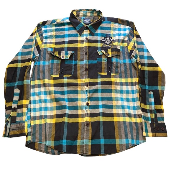 Evolution‎ Shirt Mens 2XL Blue Plaid Academia Preppy Patch Think Outside the Box - Picture 1 of 9